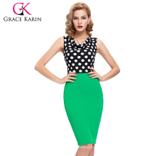 2016 New Arrival Occident Women's Slim Fit Sleeveless Green V-Neck Polka Dots Splicing Short Pencil Dress CL009265-2